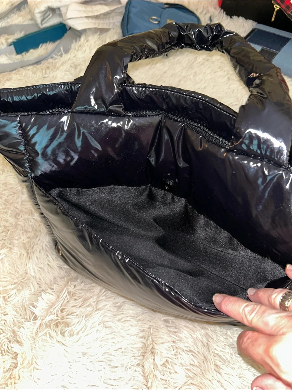 Vince Camuto Black Quilted Shiny Puffer Tote